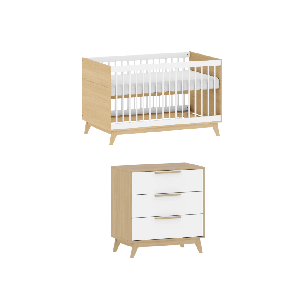 Conjunto Quarto Bebê: Berço + Cômoda 3 Gavetas Petit Branco e Carvalho