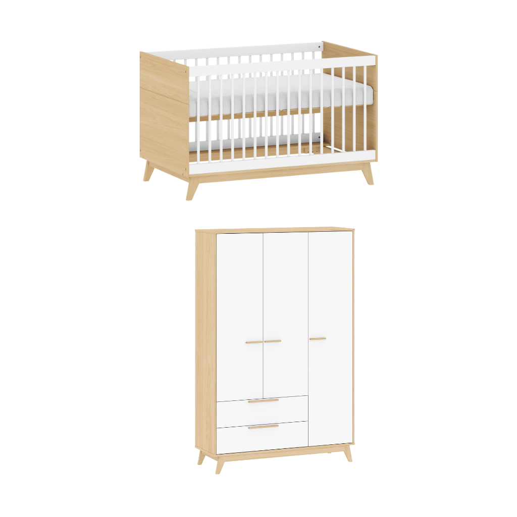 Conjunto Quarto Bebê: Berço + Guarda Roupa 3 Portas e 2 Gavetas Petit Branco e Carvalho