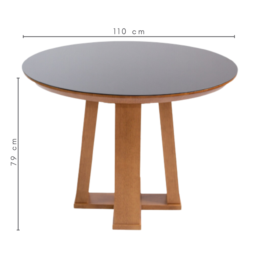 Mesa Jantar Redonda Camila Base X Tampo Amêndoa Vdr Sobreposto Preto 110 cm + 4 Cadeiras Silvia Cor Imbuia Trama natural