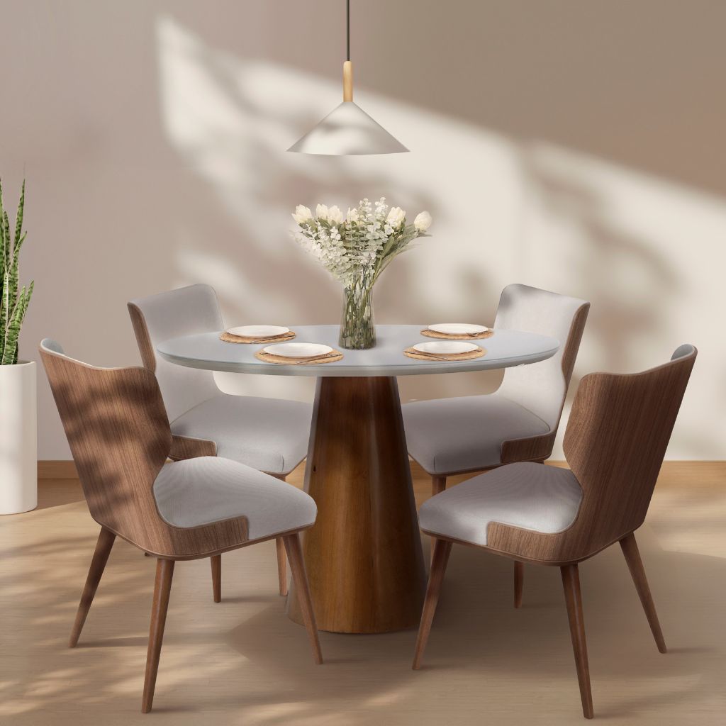 Mesa de Jantar Redonda Flora Base Cone Amêndoa e Tampo Fendi Com Vidro Sobreposto 110 cm