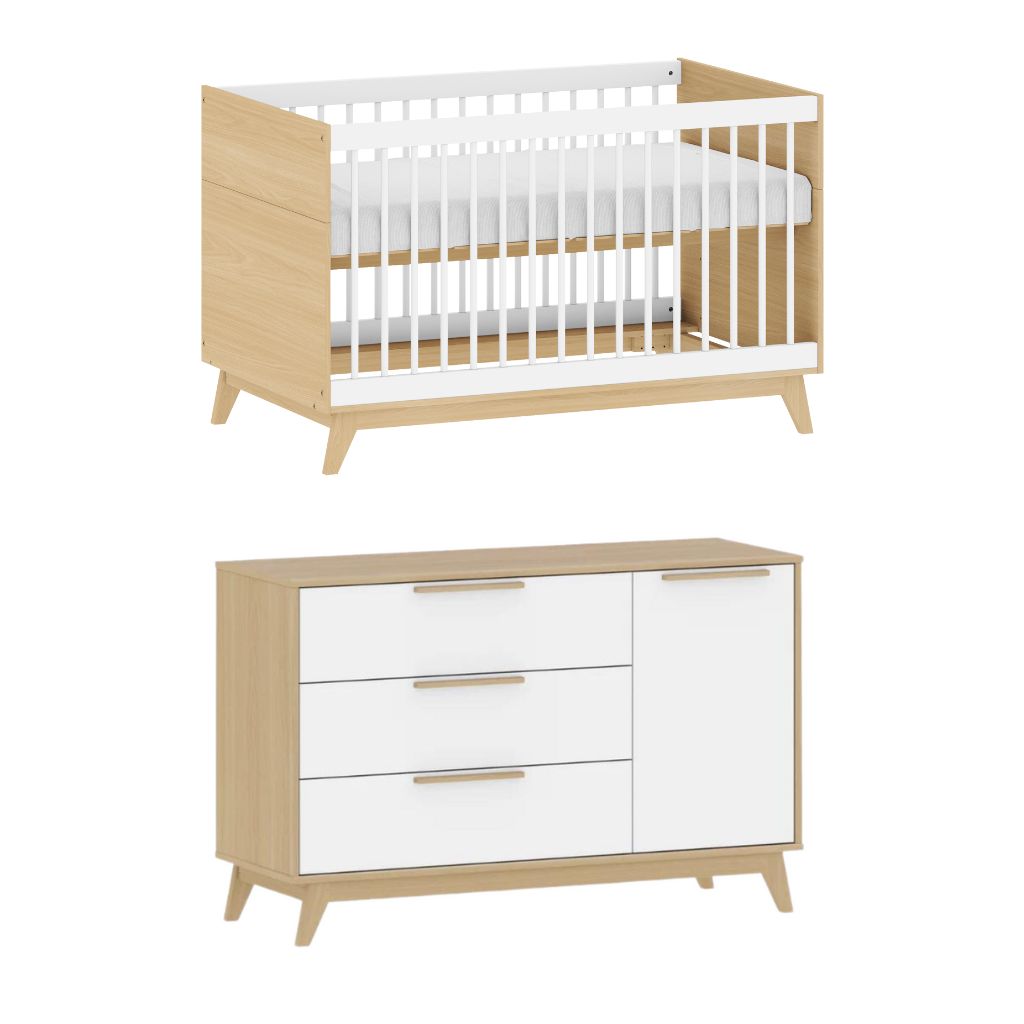 Conjunto Quarto Bebê: Berço + Cômoda 3 Gavetas e 1 Porta Petit Branco e Carvalho