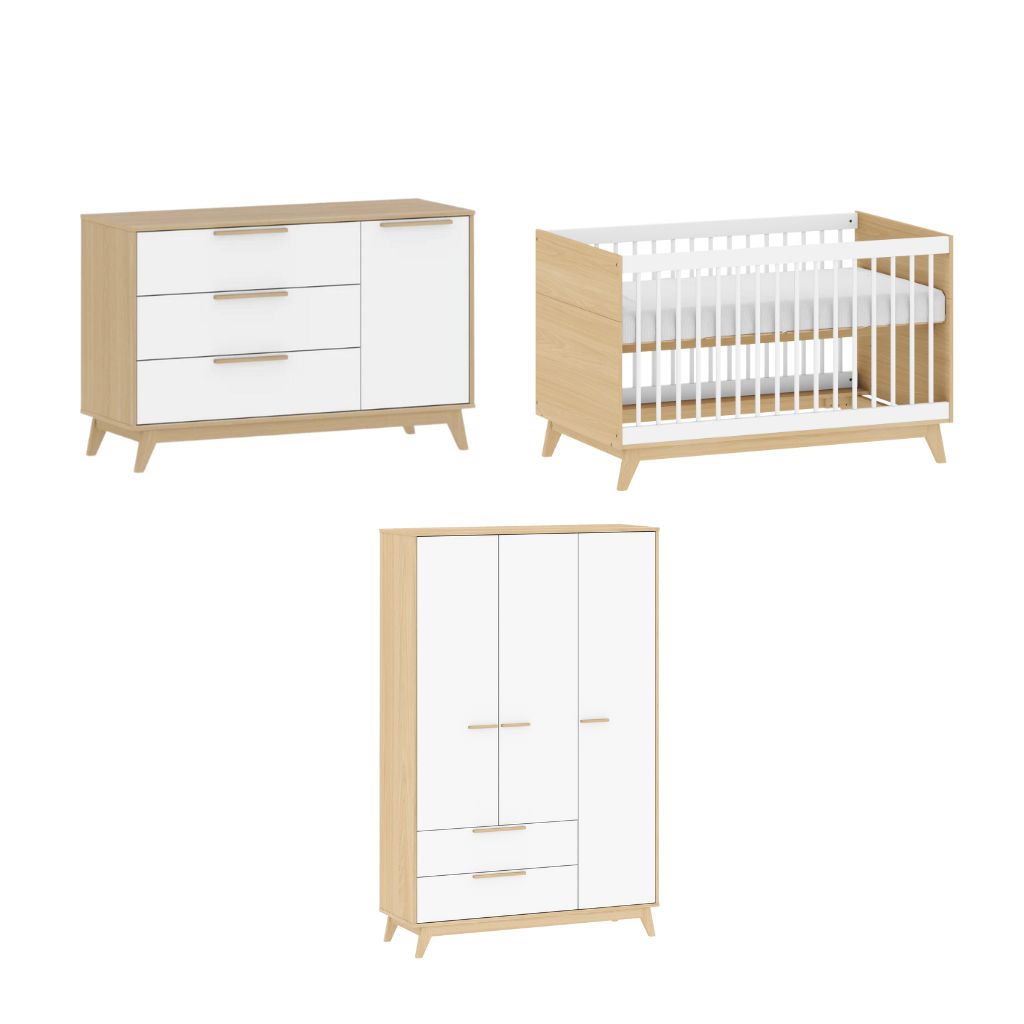 Conjunto Quarto Bebê: Berço + Cômoda 3 Gavetas e 1 Porta + Guarda Roupa 3 Portas e 2 Gavetas Petit Branco e Carvalho