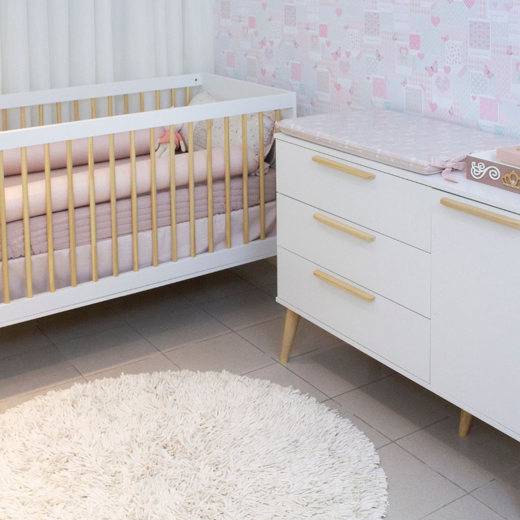 Conjunto Quarto Bebê: Berço 2 em 1 Retrô + Cômoda 3 Gav e 1 Porta Puxador Reto