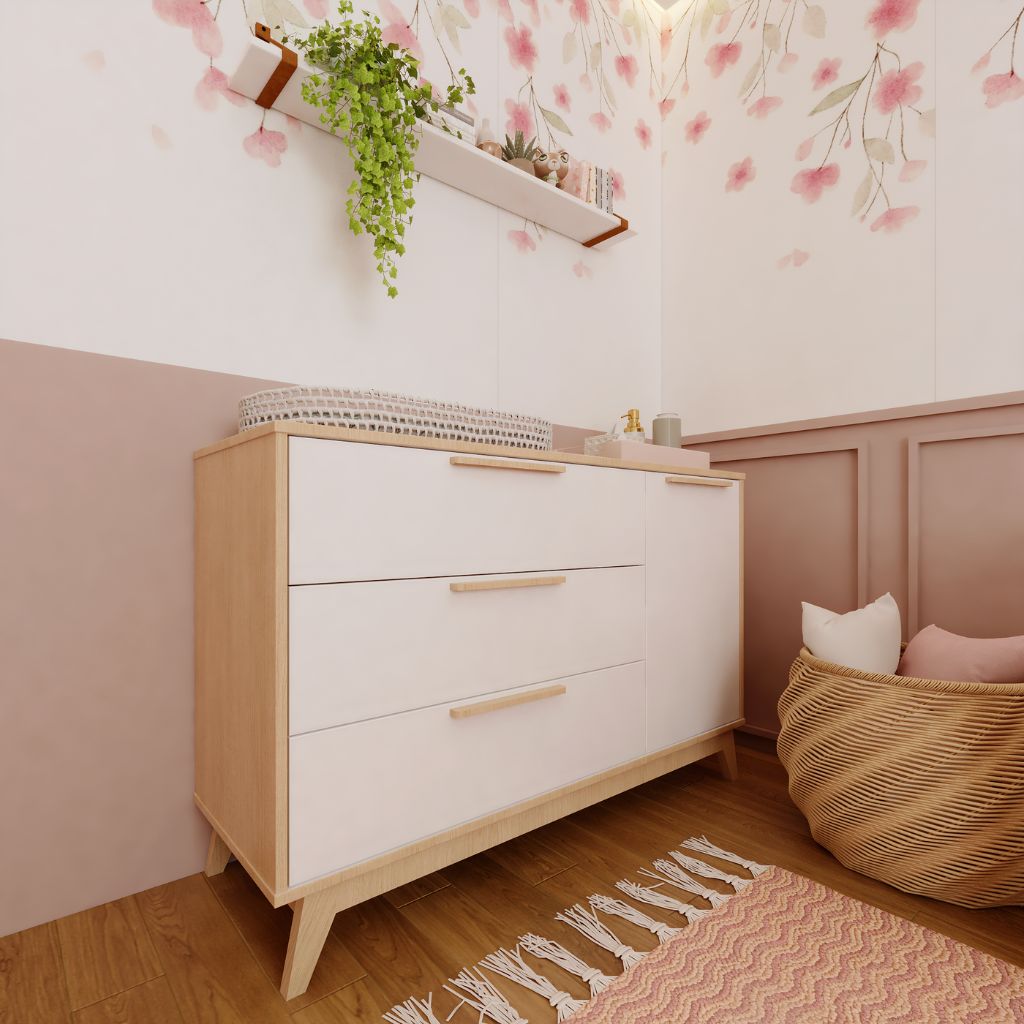 Conjunto Quarto Bebê: Berço + Cômoda 3 Gavetas e 1 Porta + Guarda Roupa 3 Portas e 2 Gavetas Petit Branco e Carvalho