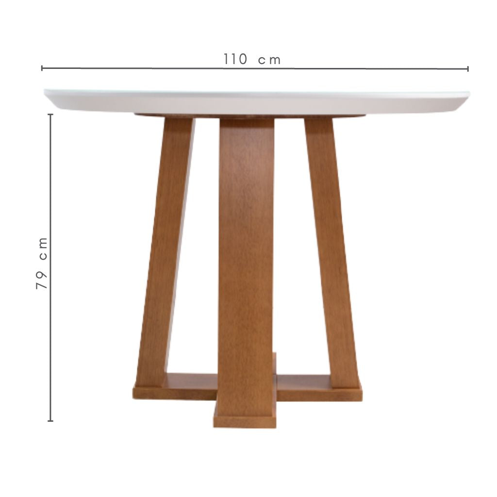 Mesa de Jantar Redonda Atenas Base X Amêndoa e Tampo Branco 110 cm