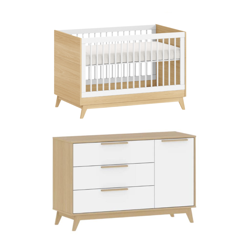 Conjunto Quarto Bebê: Berço + Cômoda 3 Gavetas e 1 Porta Petit Branco e Carvalho