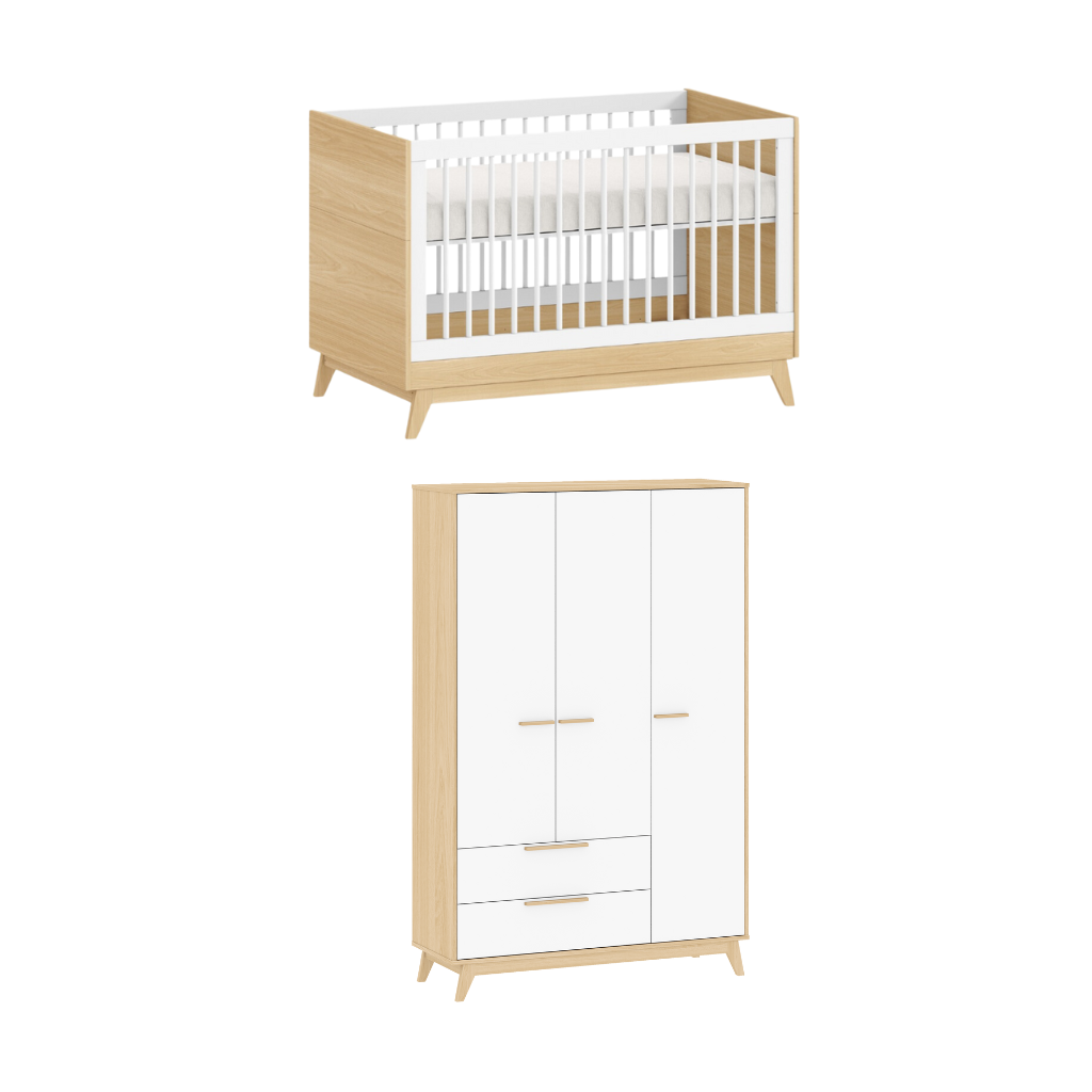 Conjunto Quarto Bebê: Berço + Guarda Roupa 3 Portas e 2 Gavetas Petit Branco e Carvalho