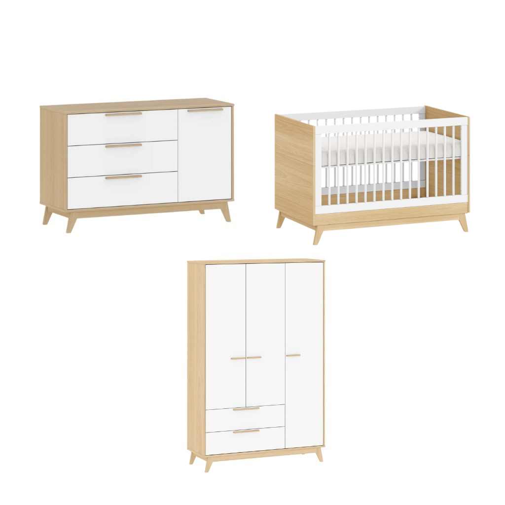 Conjunto Quarto Bebê: Berço + Cômoda 3 Gavetas e 1 Porta + Guarda Roupa 3 Portas e 2 Gavetas Petit Branco e Carvalho