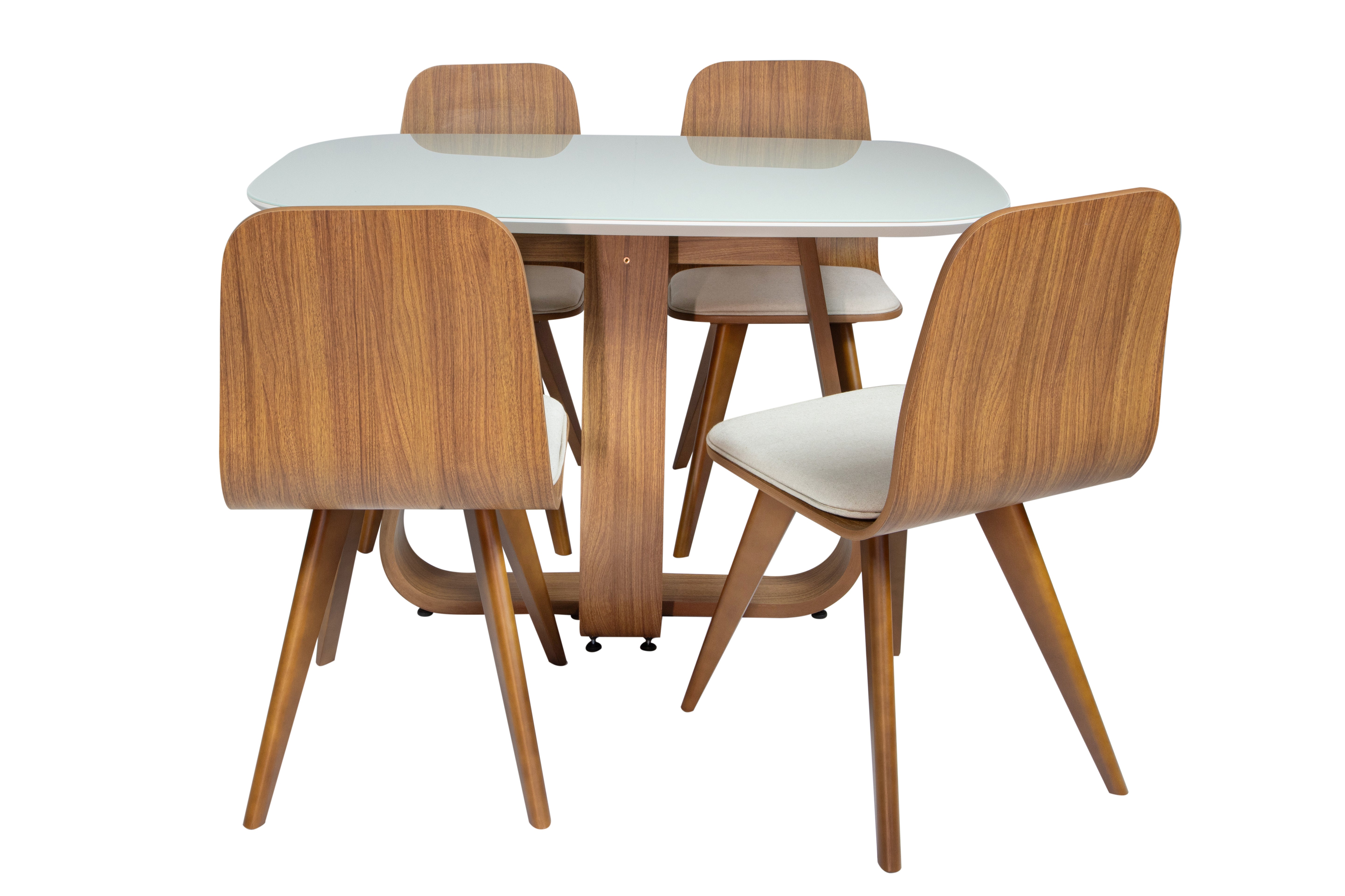 Mesa de Jantar Retangular Helena Cor Freijó com vidro Off White 117 cm + 4 Cadeiras de Jantar Lidiane