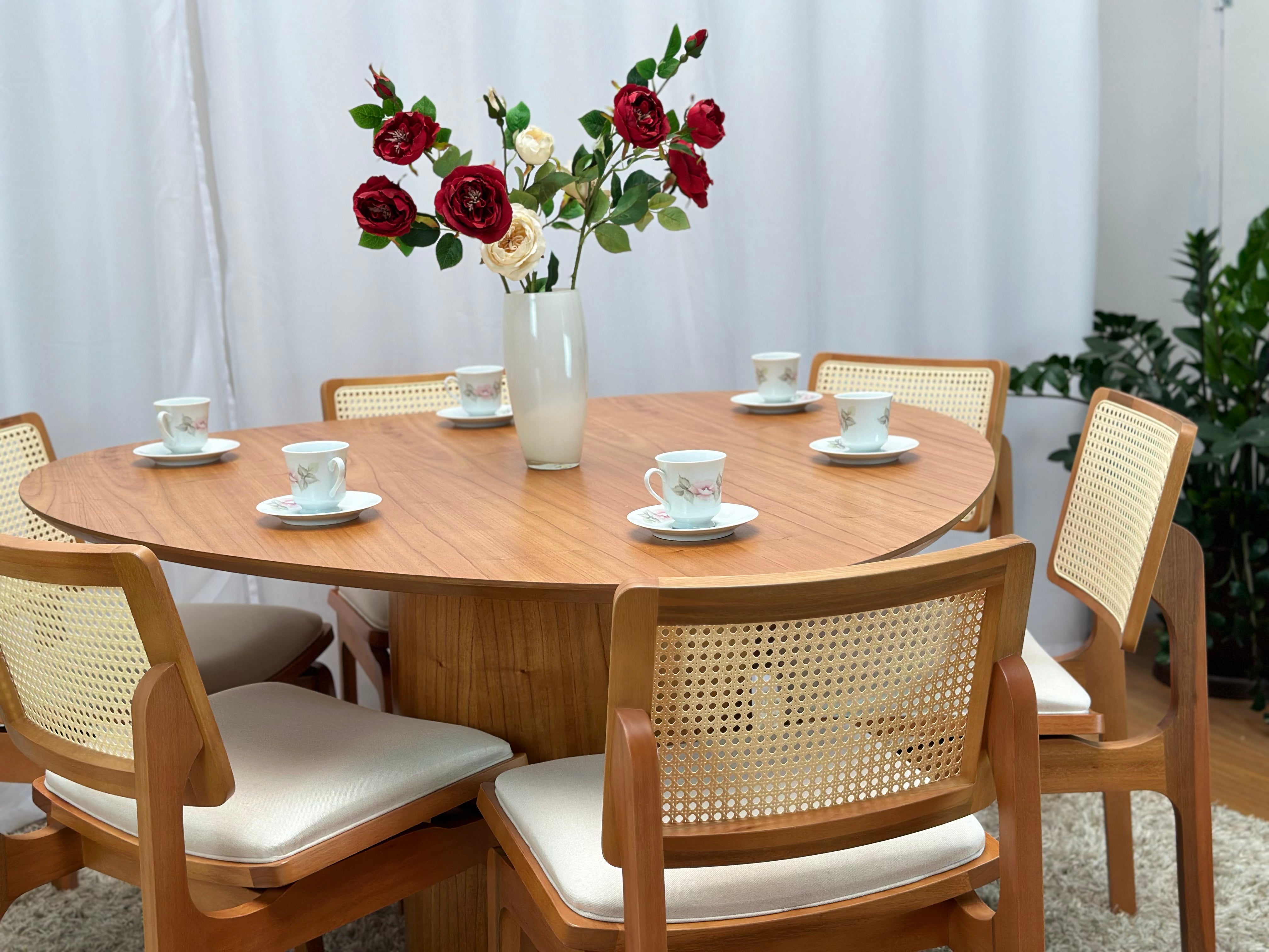 Mesa de Jantar Palheta Tampo Triangular 140 Base Cilíndrica em Cinamomo + 6 Cadeiras Florença Tela Sextavada