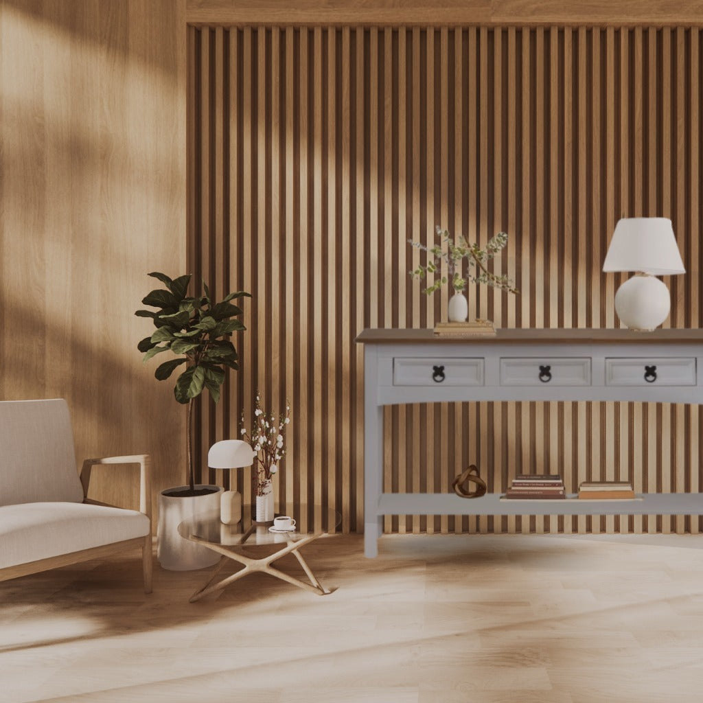 Aparador de Sala com 3 gavetas está montada em uma sala com decoração rústica.