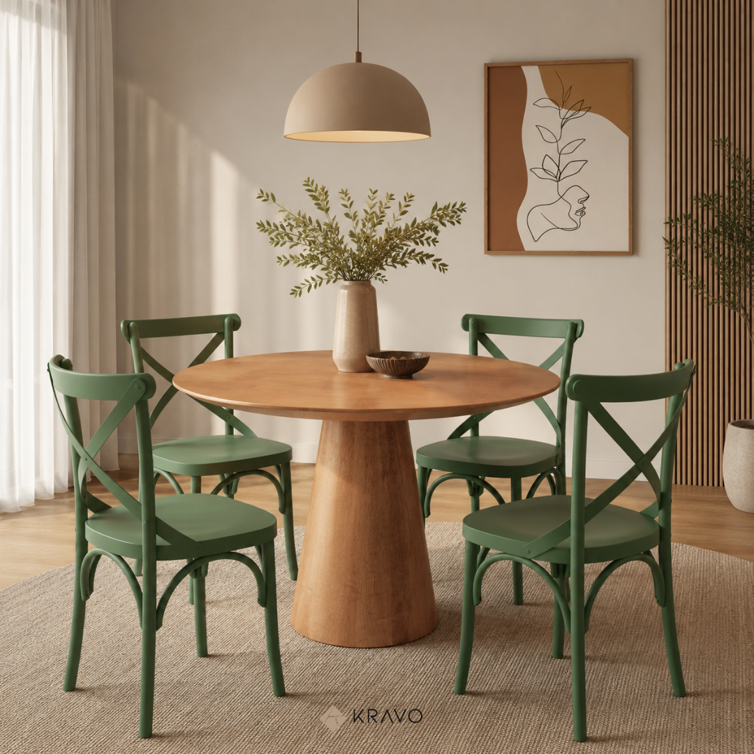Mesa de Jantar Redonda Sarah Base Cone Amêndoa e Tampo Amêndoa 110 cm + 4 Cadeiras X Boho Cor Verde