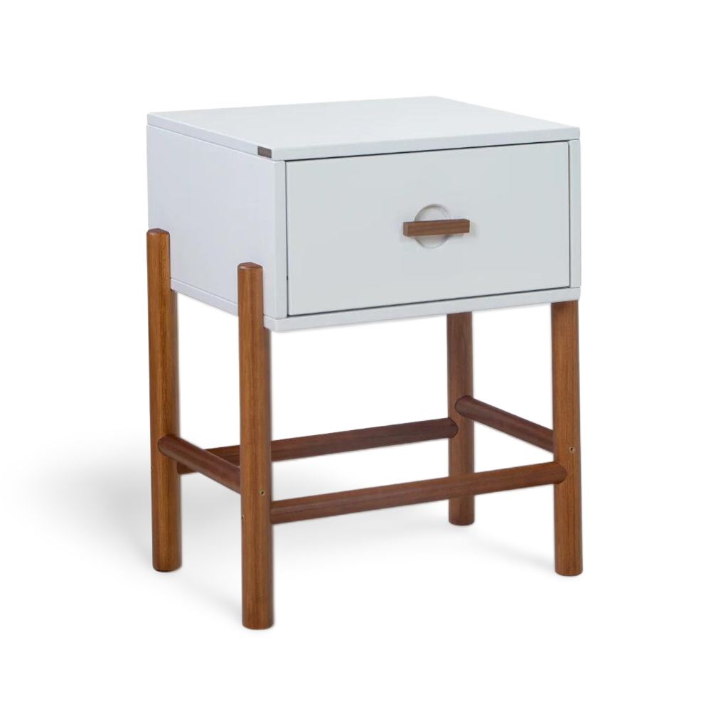 Mesa de Cabeceira Ring Com Gaveta Cor Laca Branca Com Garapa Natural