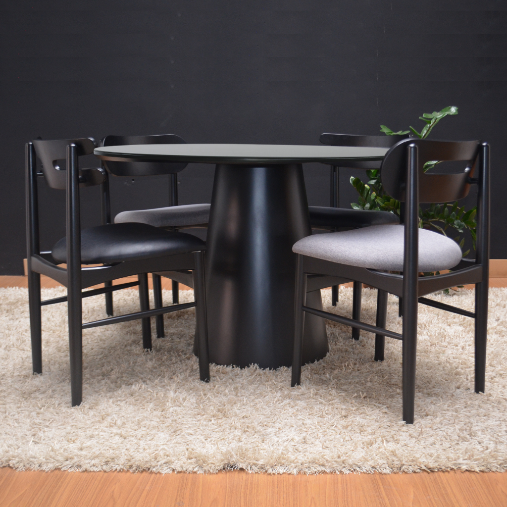 Mesa preta Mesa com vidro preto Mesa laminada Mesa de madeira Cadeira preta Sala de jantar Vidro preto Mesa redonda Mesa com 110cm Mesa com cone