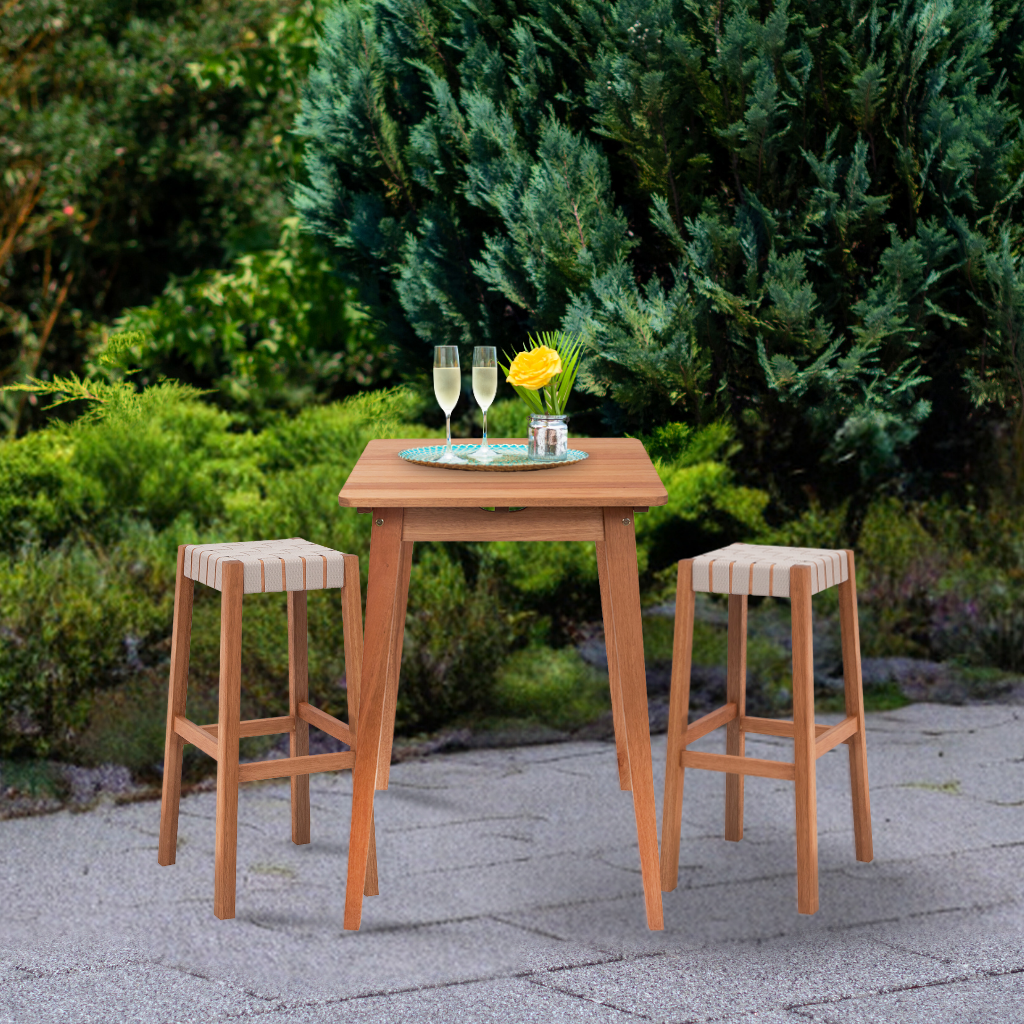 Mesa Bistrô mesa em madeira mesa alta banco alto banqueta assento em corda assento cor bege área externa