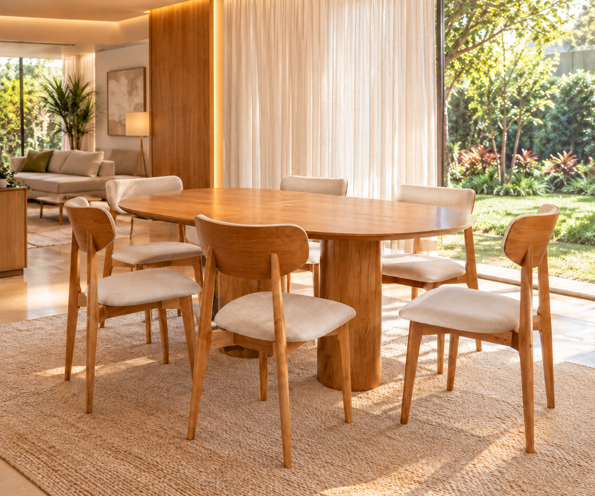 Mesa de Jantar Orgânica Luna 180x100 Cinamomo + 6 Cadeiras Paris Cor Amêndoa Tecido Bellagio Soft Bege