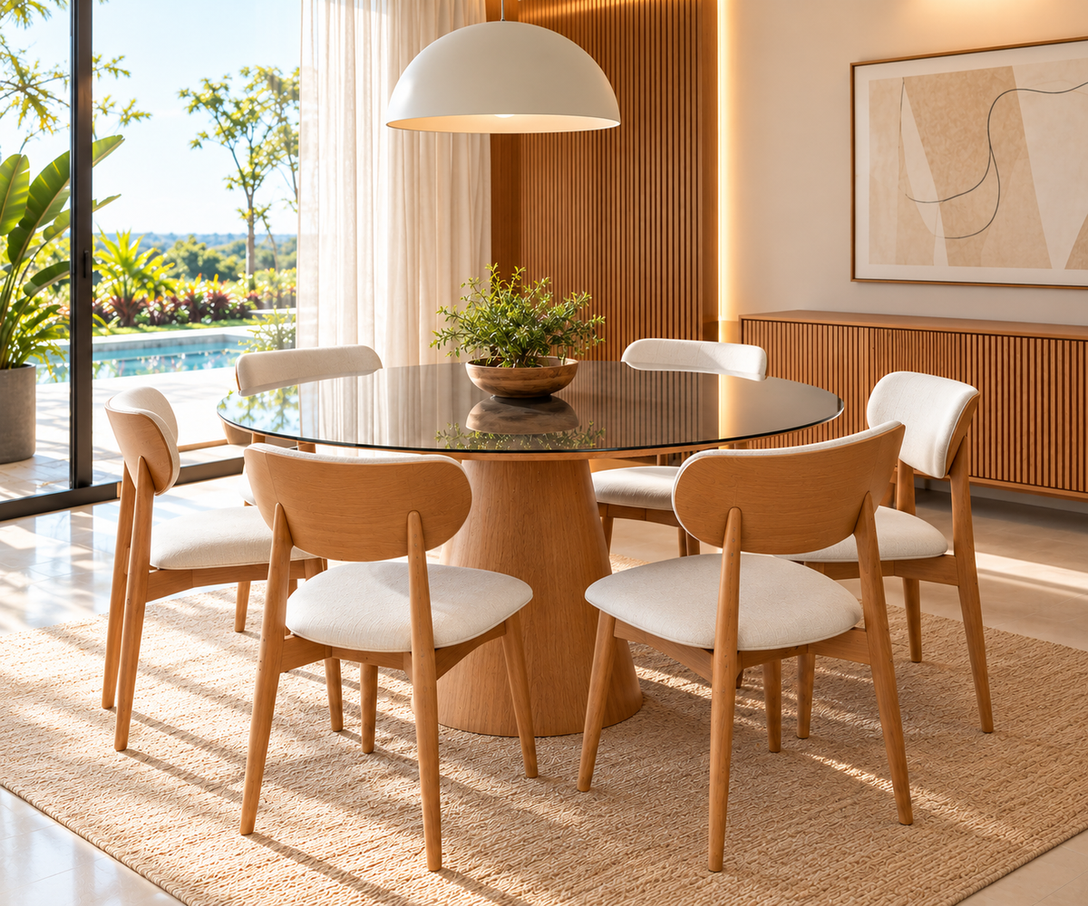 Mesa de Jantar Redonda Vitória Base Cone Amêndoa e Tampo Amêndoa e Vidro Preto 140 cm