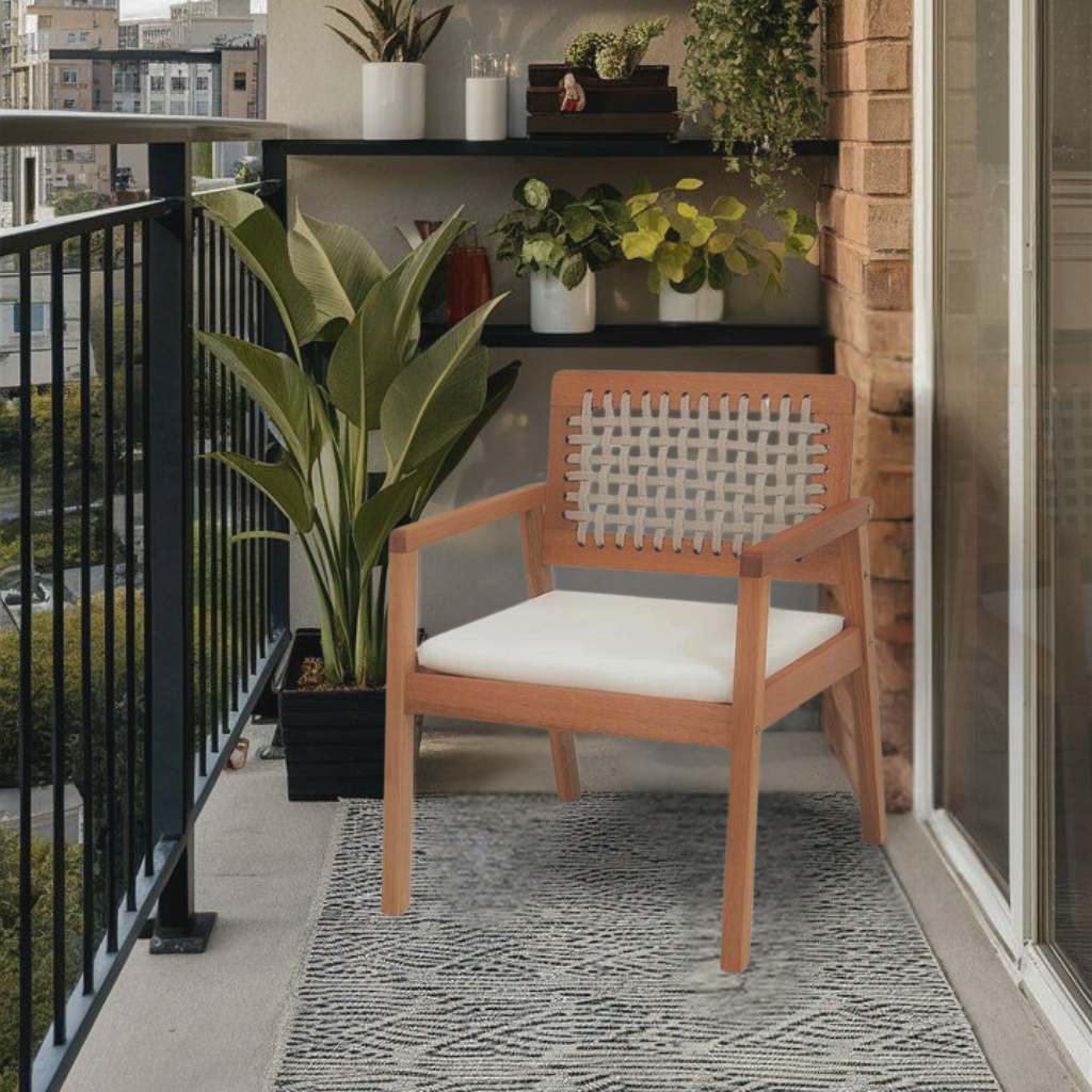 varanda de apartamento varanda área externa poltrona poltrona com corda madeira natural movel de madeira jardim