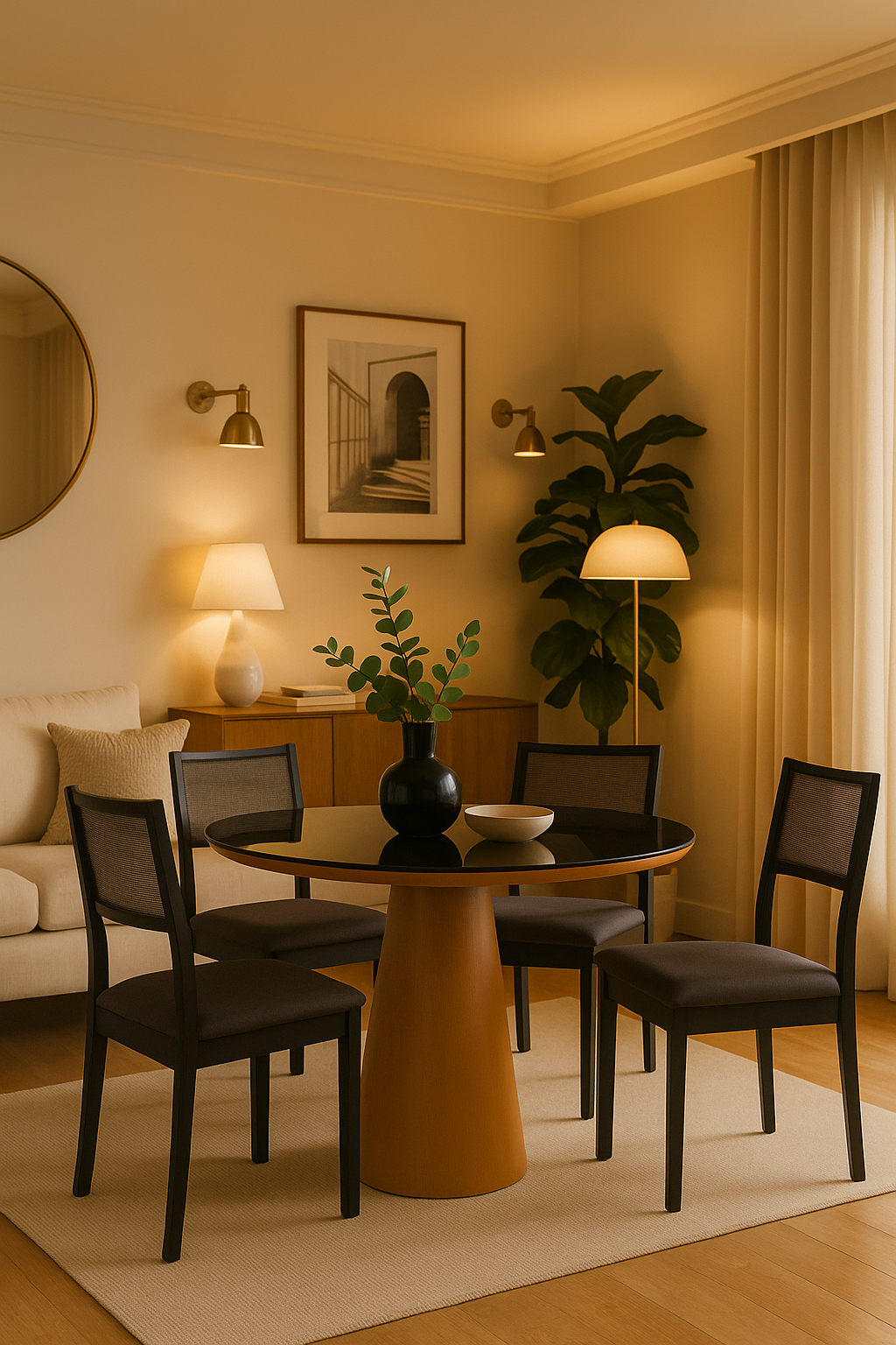 Mesa de Jantar Margô Cone/Tampo Amêndoa e Vidro Preto 110cm + 4 Cadeiras com Telinha Silvia Preta Tecido Linho Escuro