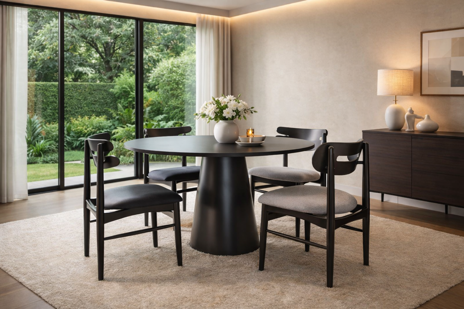 Mesa de Jantar Redonda Siena Base Cone Preto e Tampo Preto e Vidro Sobreposto Preto 110 cm