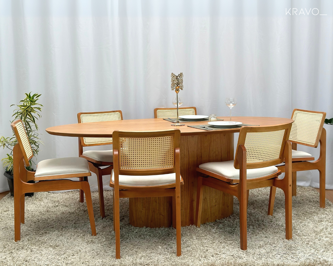 Mesa de Jantar Savana com Tampo e Base Oval 200x100 em Cinamomo + 6 Cadeiras Florença com Tela Sextavada Cor Amêndoa