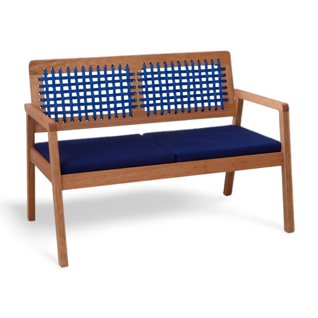 Sofá 2 Lugares Anice Em Madeira Com Corda Azul Tecido Azul Acquablock