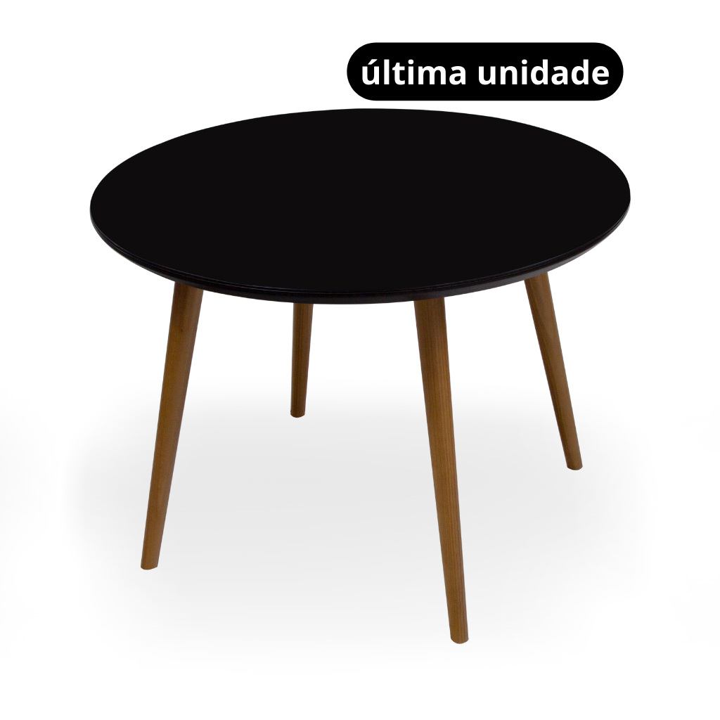 Mesa de Jantar Redonda Aurea Pés Palitos Amêndoa Tampo Preto Com Vidro Preto Sobreposto 120 cm