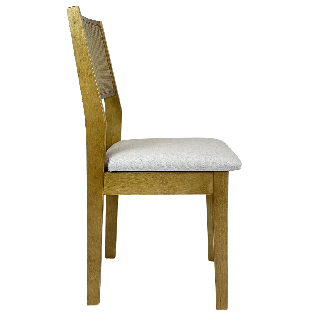 Cadeira de Madeira com Telinha Silvia Cor Amêndoa Tecido Linho Creme - Kit com 2