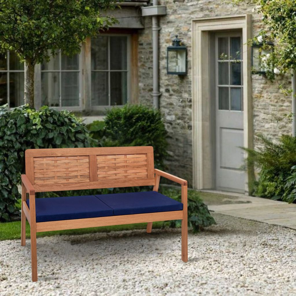 Sofá 2 Lugares Tulipa Em Madeira Trançado Cor Stain Castanheira com Tecido Azul Acquablock