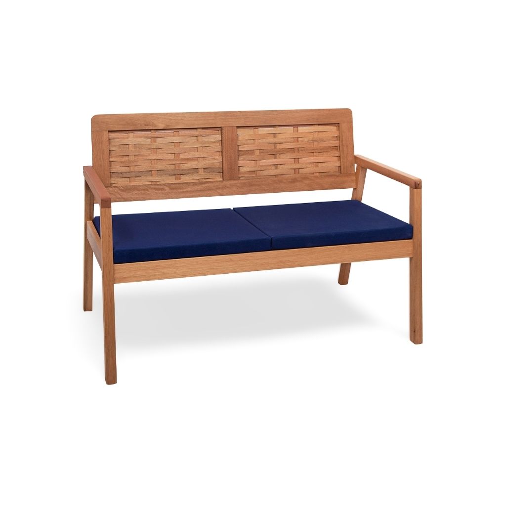 Sofá 2 Lugares Tulipa Em Madeira Trançado Cor Stain Castanheira com Tecido Azul Acquablock