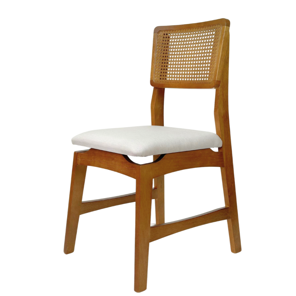 Cadeira de Madeira com Telinha Sextavada Itália Cor Imbuia Tecido Linho Creme - Kit com 2