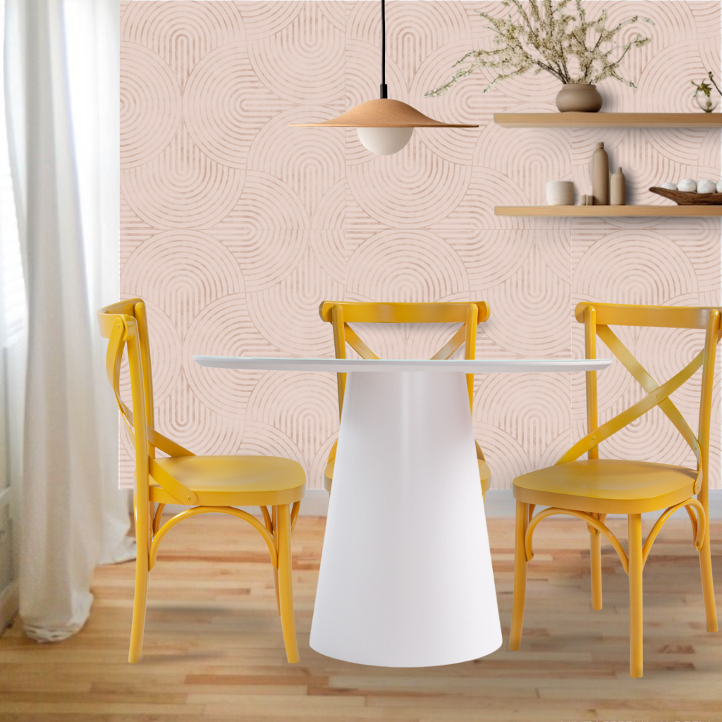 Mesa branca, Cadeira amarela, cadeira x boho, estilo boho, sala de jantar colorida, sala de jantar, cadeira boho amarela, cadeira com encosto em X