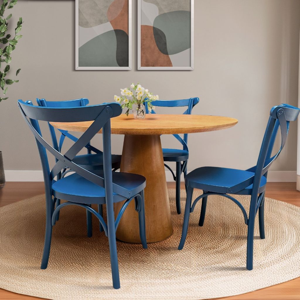 sala de jantar colorida, cadeira azul, mesa de jantar, cadeira boho, estilo boho, cadeira de jantar azul, cadeira com encosto em x, azul, mesa de jantar amendoa, mesa de jantar redonda,