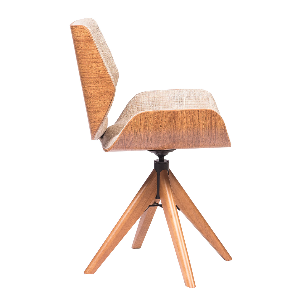 Mesa de Jantar Redonda Merida Base Cone e Tampo Branco 140 cm + 6 Cadeiras Giratória Heloísa Cor Freijó Tecido Frise