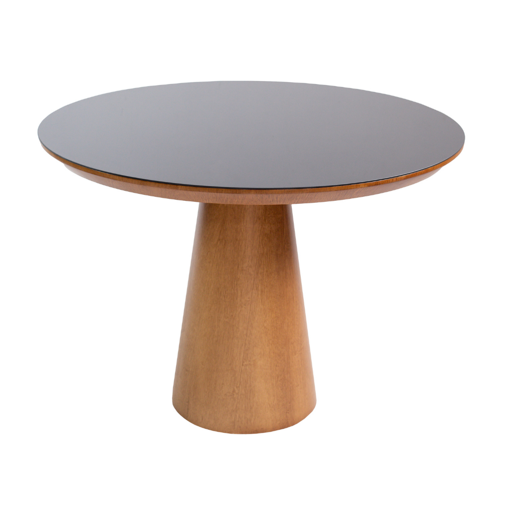 Mesa de Jantar Margô Cone/Tampo Amêndoa e Vidro Preto 110cm + 4 Cadeiras com Telinha Silvia Preta Tecido Linho Escuro