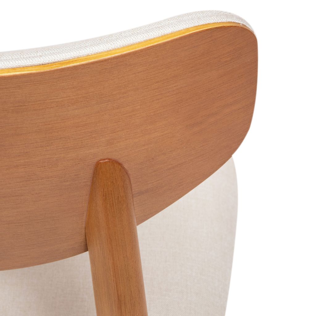 Mesa de Jantar Retangular Helena Cor Freijó com vidro Off White 117 cm + 4 Cadeiras Paris Amêndoa Tecido Bege