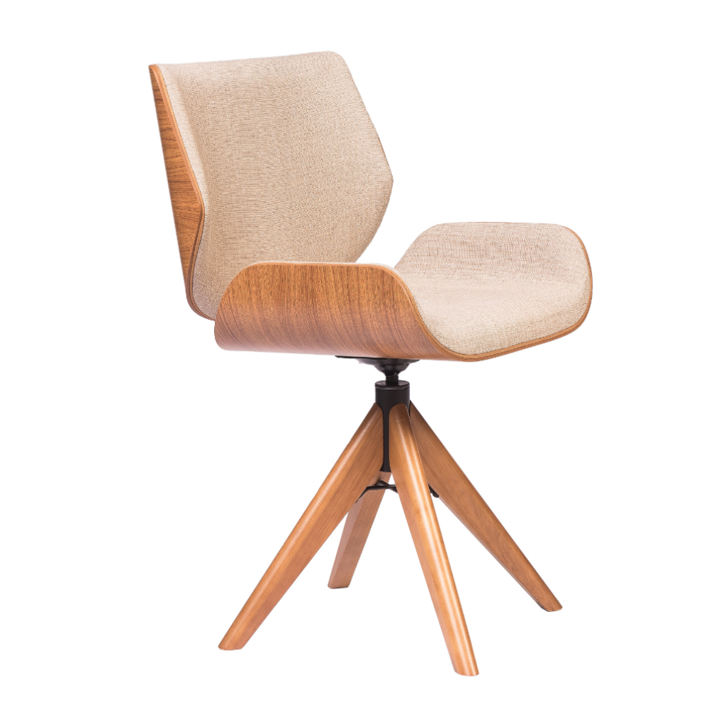 Mesa de Jantar Redonda Merida Base Cone e Tampo Branco 140 cm + 6 Cadeiras Giratória Heloísa Cor Freijó Tecido Frise