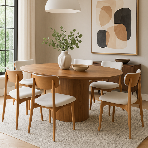 Mesa de Jantar Savana com Tampo e Base Oval 200x100 em Cinamomo + 6 Cadeiras de Jantar Paris Cor Amêndoa Tecido Bellagi