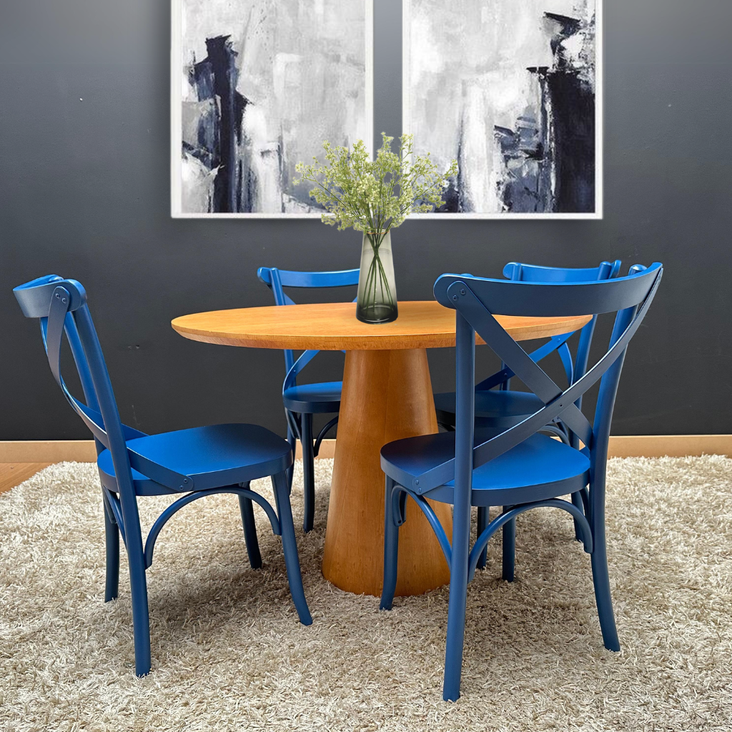 mesadejantar,mesaredonda,mesademadeira,mesacomcone,mesalaminada,mesadejantar4lugares,cadeiraazul,decoração,mesa,amendoa,tampoamendo,madeiraamendoa