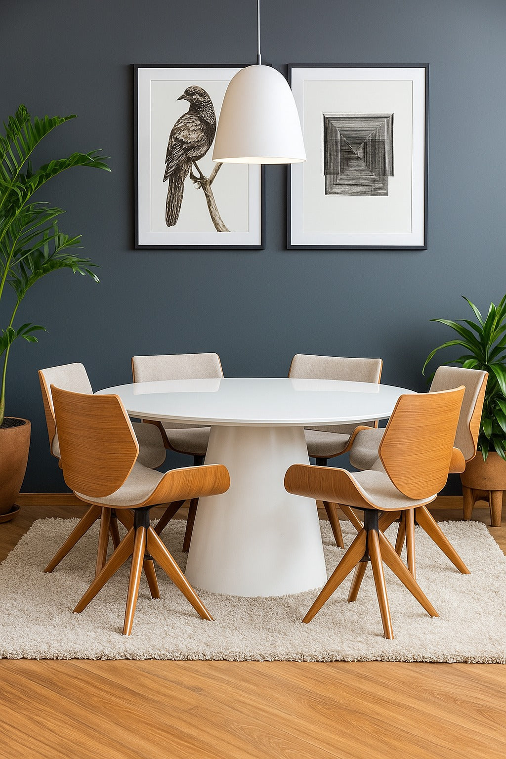 Mesa de Jantar Redonda Merida Base Cone e Tampo Branco 140 cm + 6 Cadeiras Giratória Heloísa Cor Freijó Tecido Frise