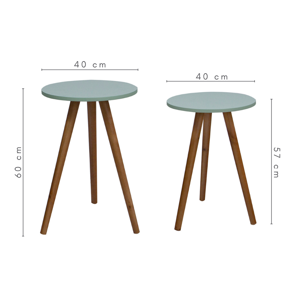 Conjunto de Mesas Laterais Retrô Cor Verde Oliva Pés Palito Cor Natural, medidas: C=40 cm L=40 cm A=60/57 cm
