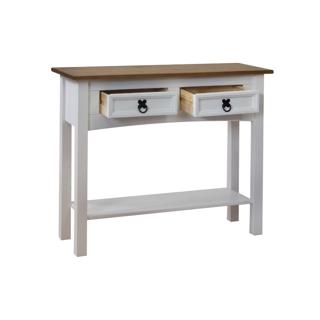 Aparador de lado com 2 gavetas abertas, com prateleira baixa, cor madeira natural