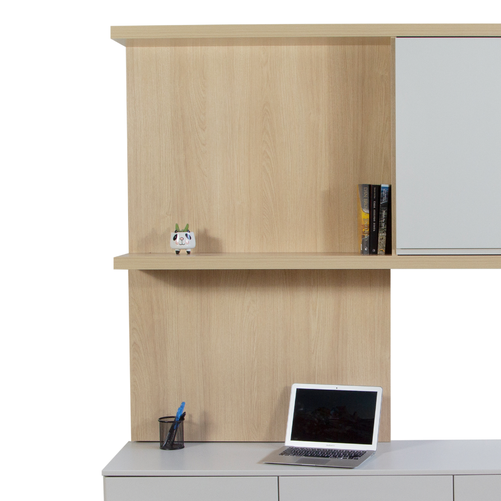Painel TV para Quarto / Escritório Wall Areia + Carvalho, destacando aonde os objetos podem ser colocados