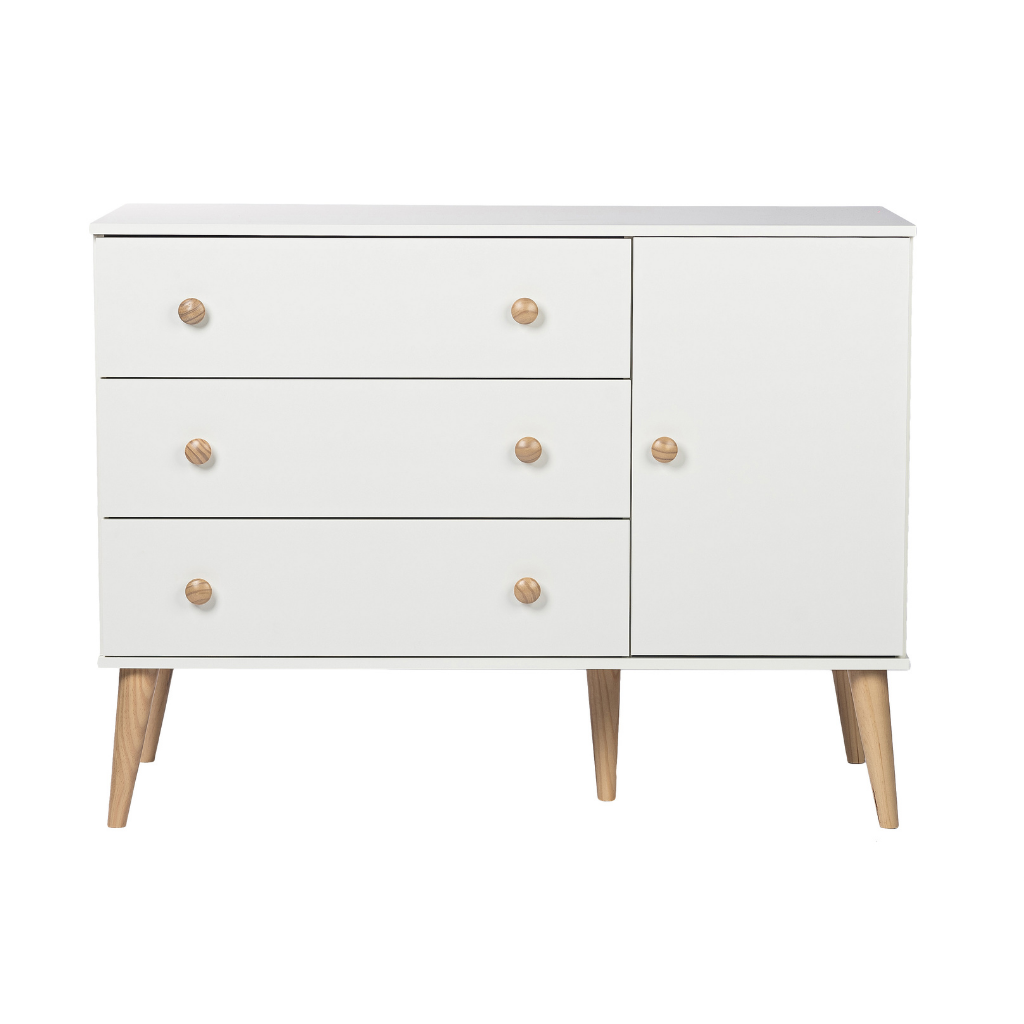 Conjunto Quarto Bebê: Berço 2 em 1 Retrô + Cômoda 3 Gav e 1 Porta Puxador Redondo