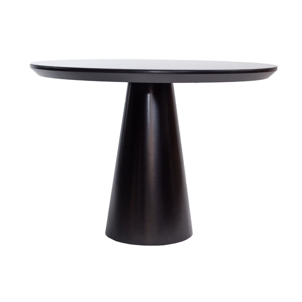 Mesa de Jantar Redonda Morgana Base Cone Preto e Tampo Preto e Vidro sobreposto Preto 120 cm, de frente