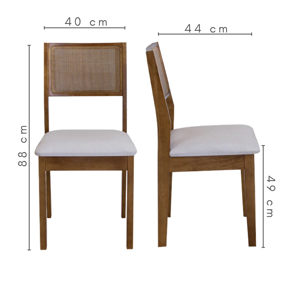 Mesa Redonda Rachel Base X e Tampo Amêndoa 110 cm + 4 Cadeiras Silvia Cor Imbuia com Trama Natural e Tecido Linho Conjunto