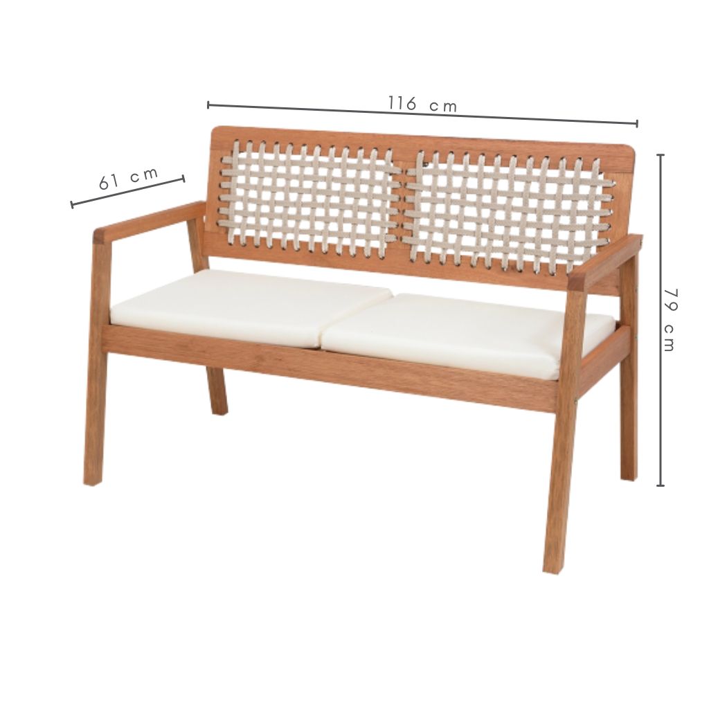 Sofá 2 Lugares Anice Em Madeira Com Corda Bege Tecido Bege Acquablock