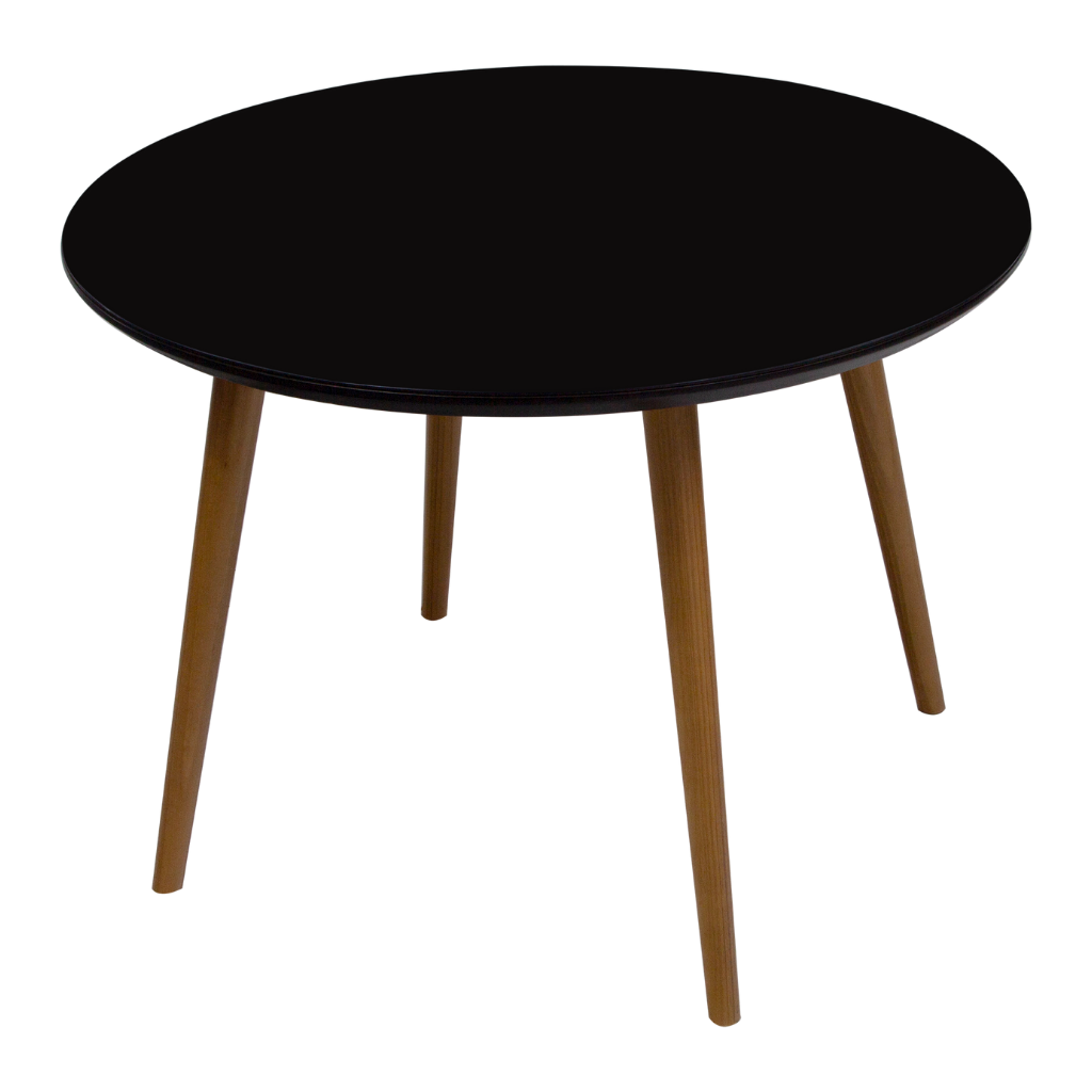 mesa de jantar redonda Aurea, pés palito amêndoa tampo preto com vidro preto sobreposto 120 cm, visto de lado