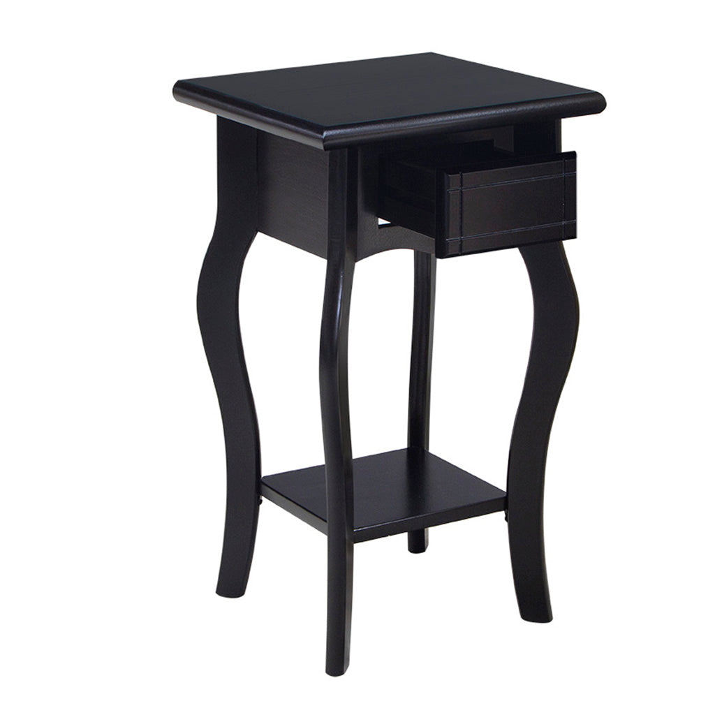 Mesa Lateral Em Madeira Boho Cor Preta, destacando a mesa com sua gaveta aberta