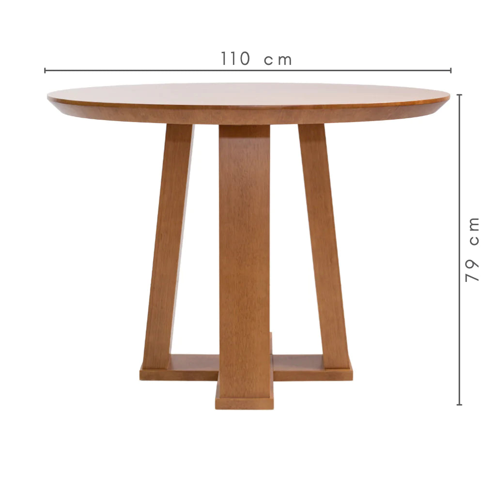 Mesa Redonda Rachel Base X e Tampo Amêndoa 110 cm + 4 Cadeiras Silvia Cor Imbuia com Trama Natural e Tecido Linho Conjunto